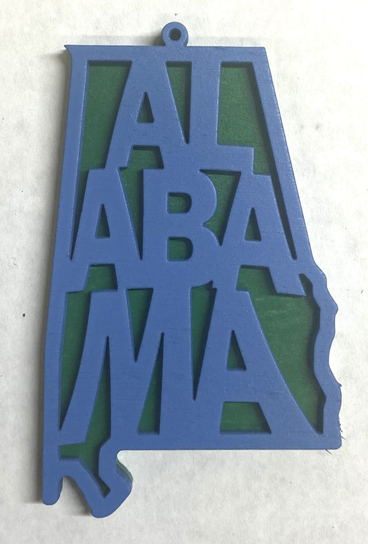 Alabama Wood Ornament - 4" x 2.4" - Wildflower Blue over Green