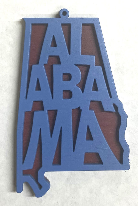 Alabama Wood Ornament - 4" x 2.4" - Wildflower Blue over Crimson