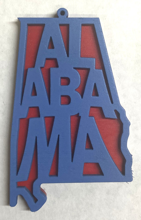 Alabama Wood Ornament - 4" x 2.4" - Wildflower Blue over Red