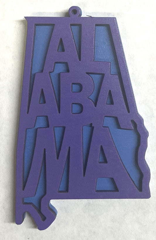 Alabama Wood Ornament - 4" x 2.4" - Grape over Wildflower Blue