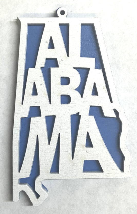 Alabama Wood Ornament - 4" x 2.4" - White over Wildflower Blue