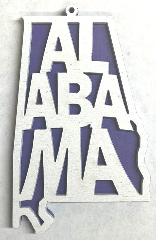 Alabama Wood Ornament - 4" x 2.4" - White over Grape