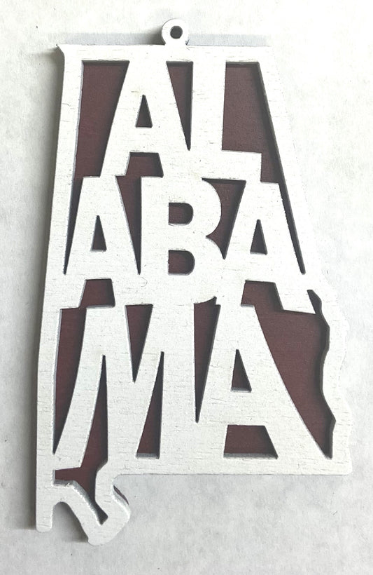 Alabama Wood Ornament - 4" x 2.4" - White over Crimson