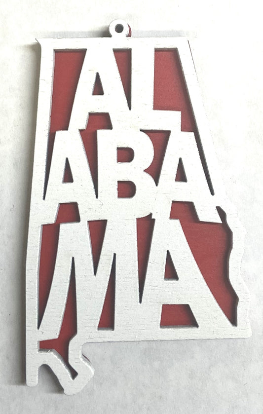 Alabama Wood Ornament - 4" x 2.4" - White over Red