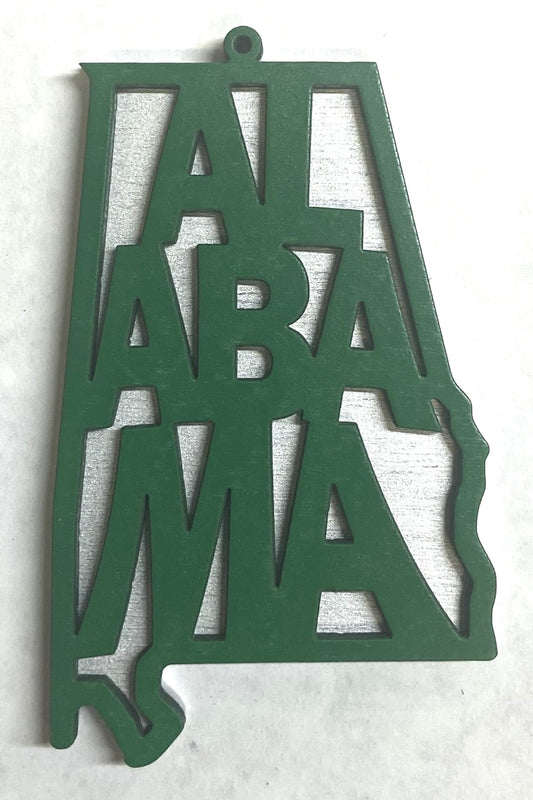 Alabama Wood Ornament - 4" x 2.4" - Green over Silver