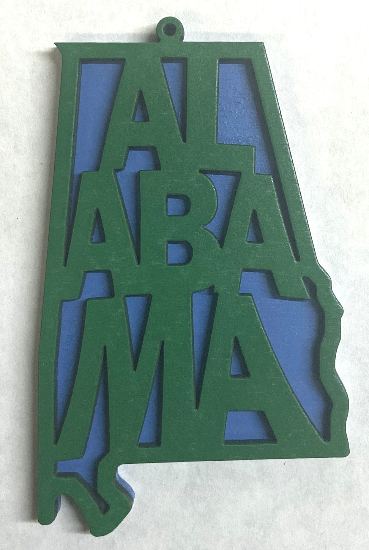 Alabama Wood Ornament - 4" x 2.4" - Green over Wildflower Blue