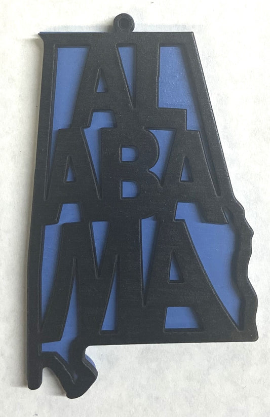 Alabama Wood Ornament - 4" x 2.4" - Black over Wildflower Blue