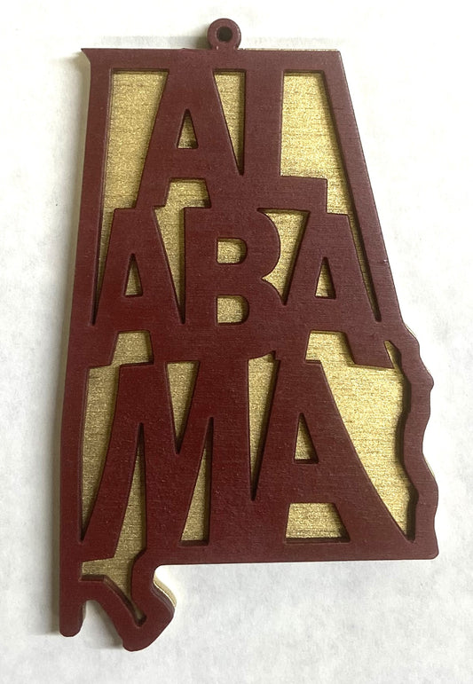 Alabama Wood Ornament - 4" x 2.4" - Crimson over Gold