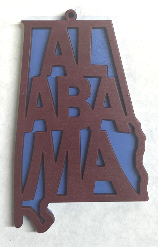 Alabama Wood Ornament - 4" x 2.4" - Crimson over Wildflower Blue