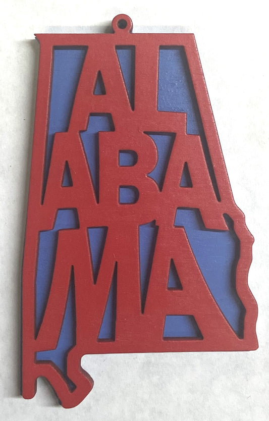 Alabama Wood Ornament - 4" x 2.4" - Red over Wildflower Blue