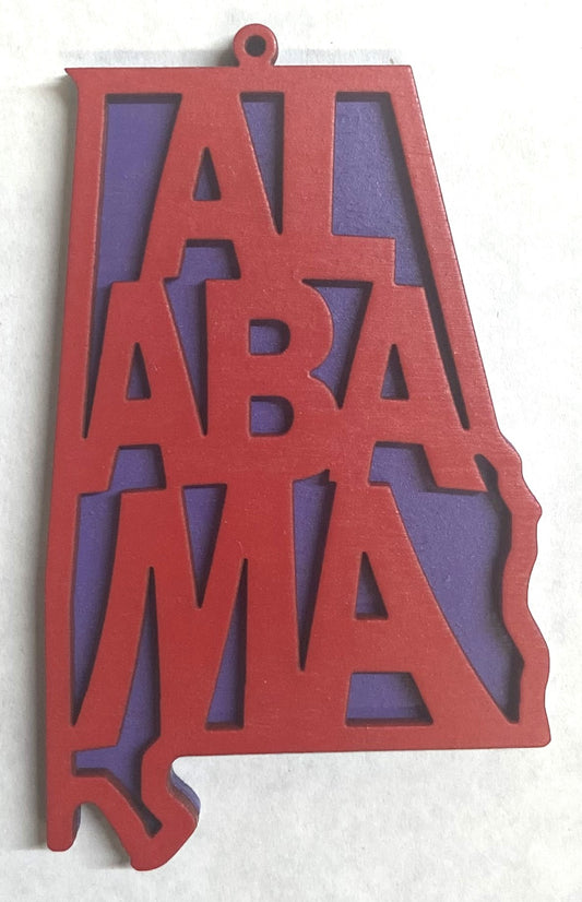 Alabama Wood Ornament - 4" x 2.4" - Red over Grape