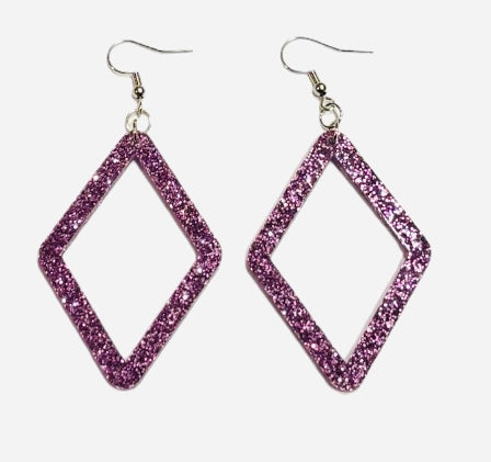 Open Diamond Acrylic Earrings, Lavender Glitter