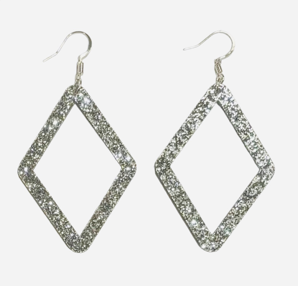 Open Diamond Acrylic Earrings, Silver Glitter