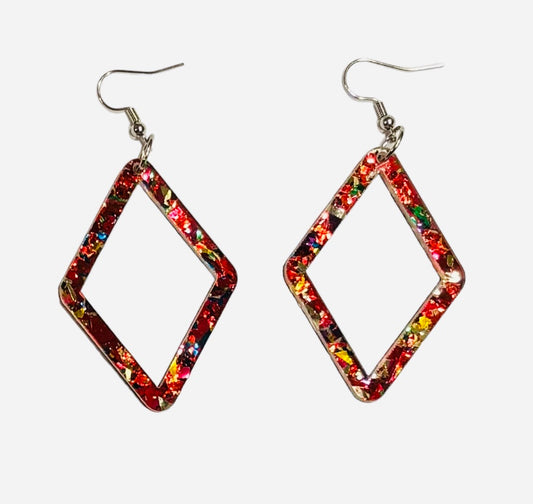 Open Diamond Acrylic Earrings, Red Confetti