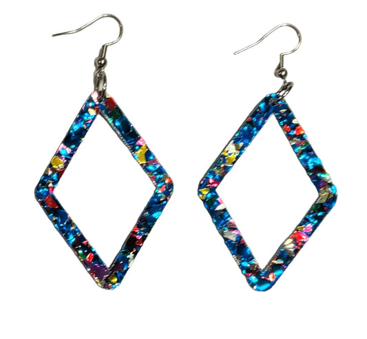 Open Diamond Acrylic Earrings, Blue Confetti