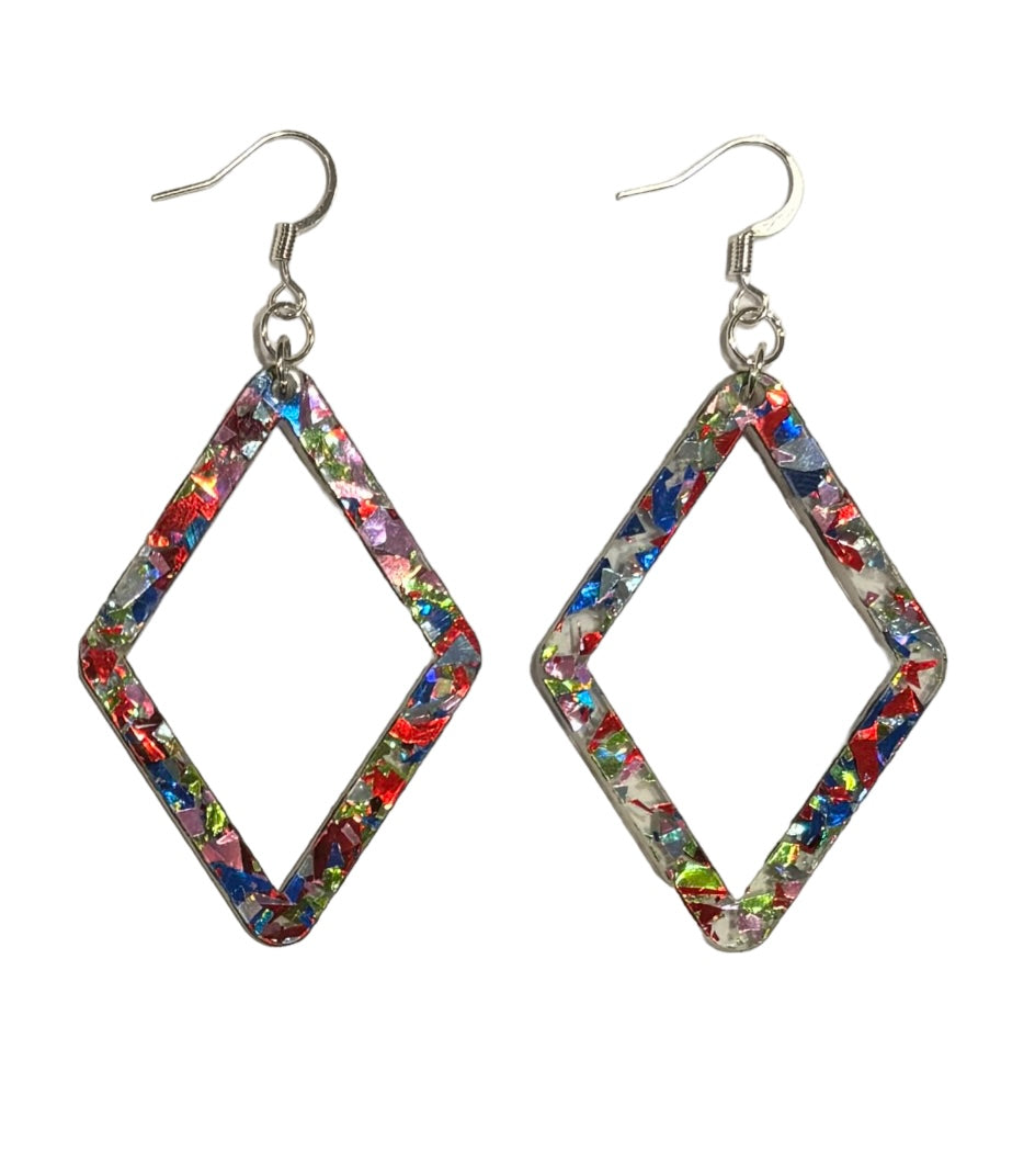 Open Diamond Acrylic Earrings, 4th of July Confetti