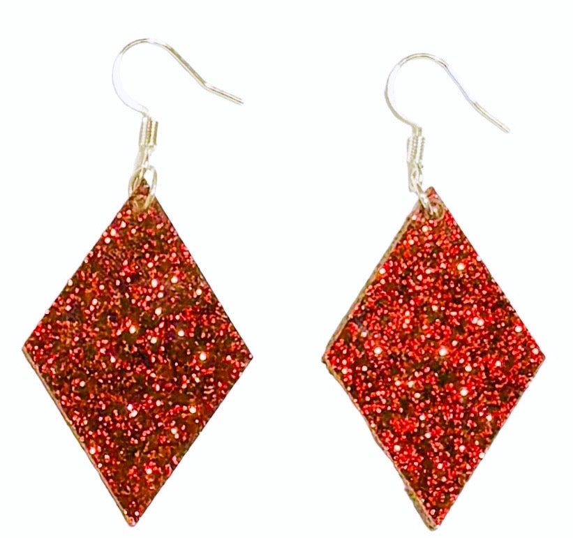 Open Diamond Acrylic Earrings, Red Glitter