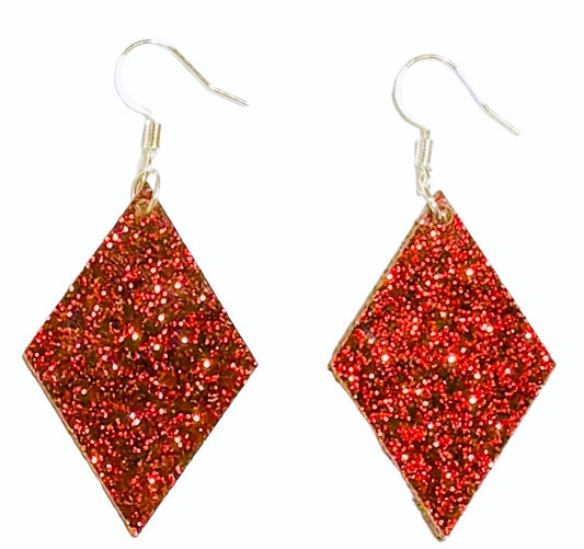 Open Diamond Acrylic Earrings, Red Glitter