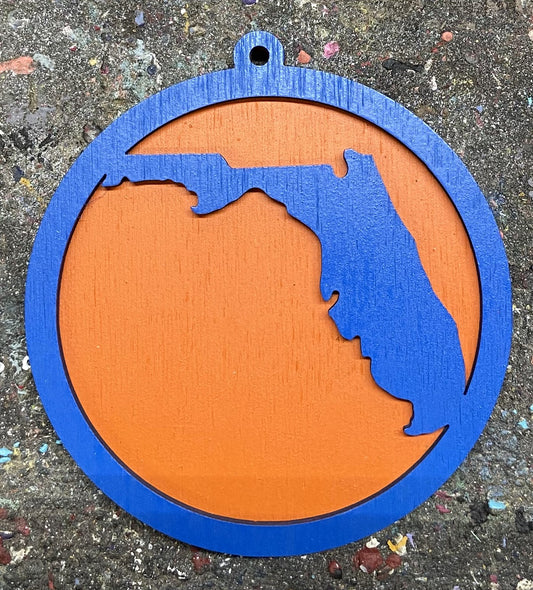 Florida Map Wood Ornament - Blue over Orange