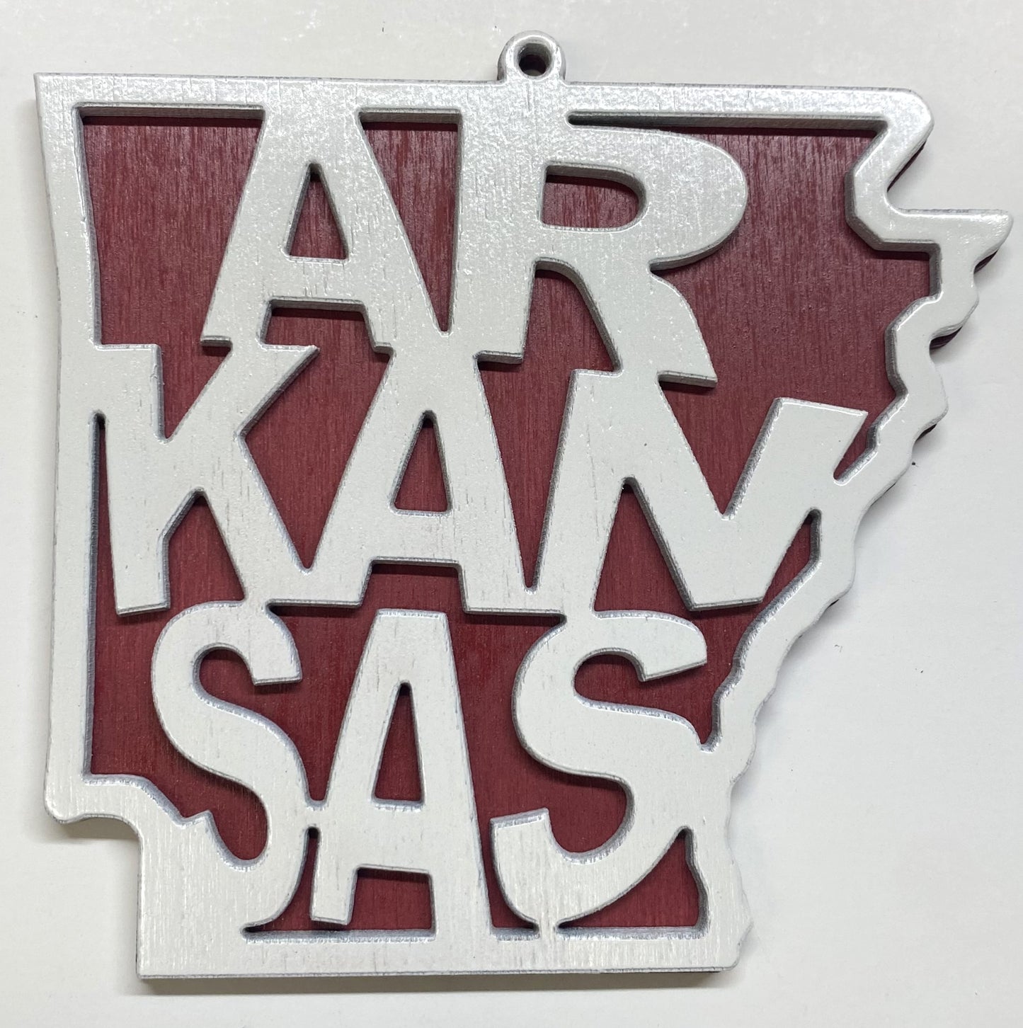 Arkansas Wood Ornament - White over Red