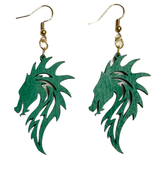 Dragon 3 Wood Earrings, Green