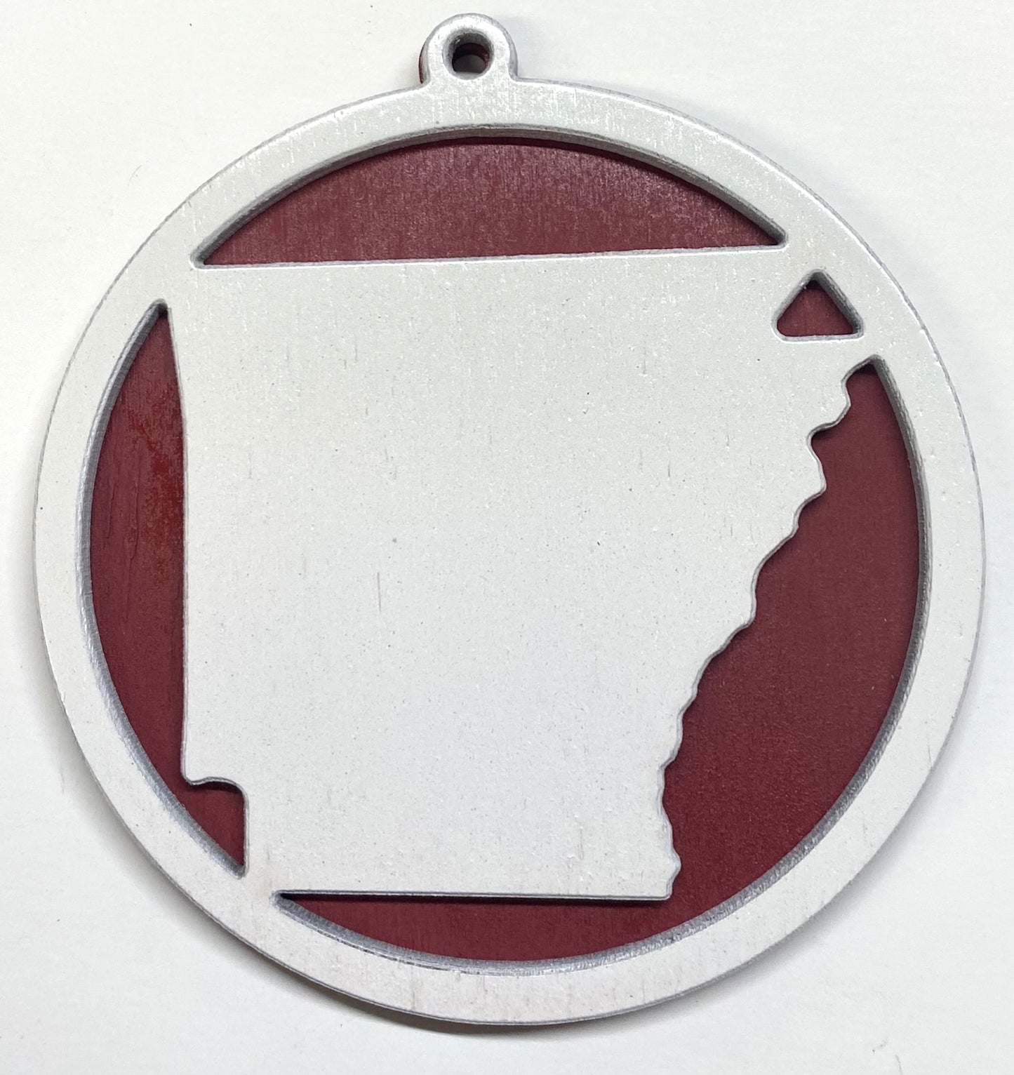 Arkansas Map Wood Ornament - White over Red