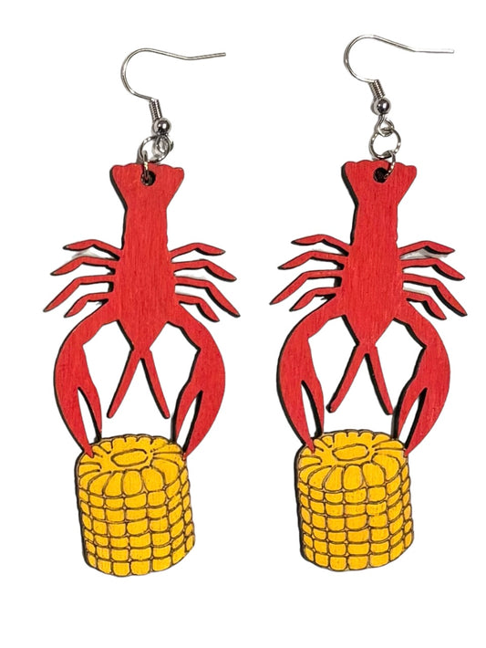 Crawfish with Corn Wood Earrings Scarlet / Sunburst