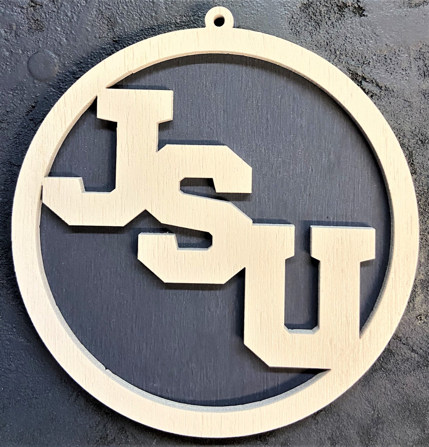 JSU Wood Ornament - White over Navy