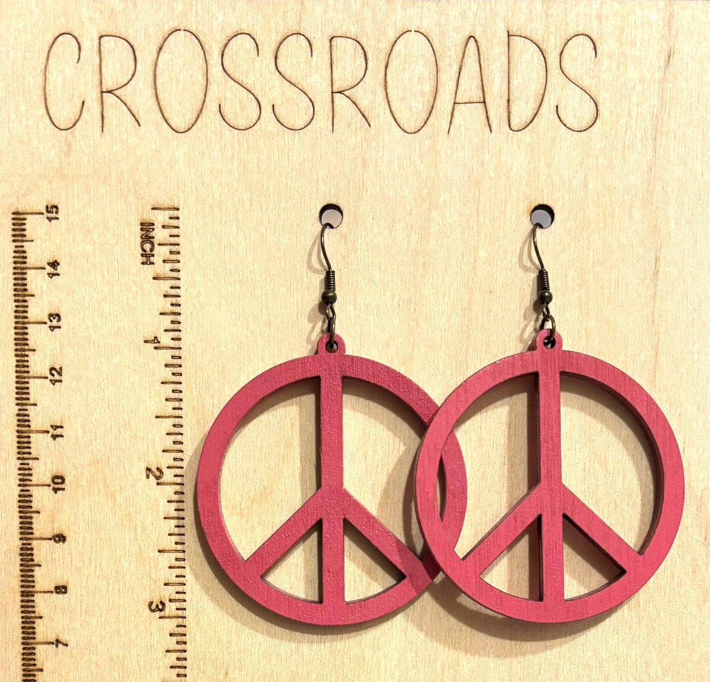 Peace Sign Wood Earrings, Pink