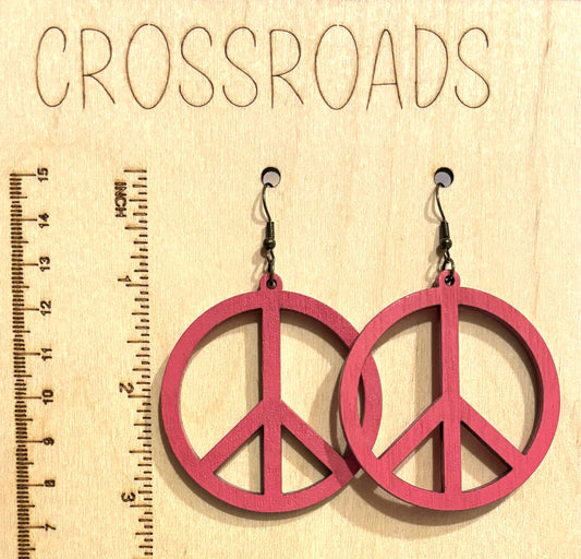 Peace Sign Wood Earrings, Pink