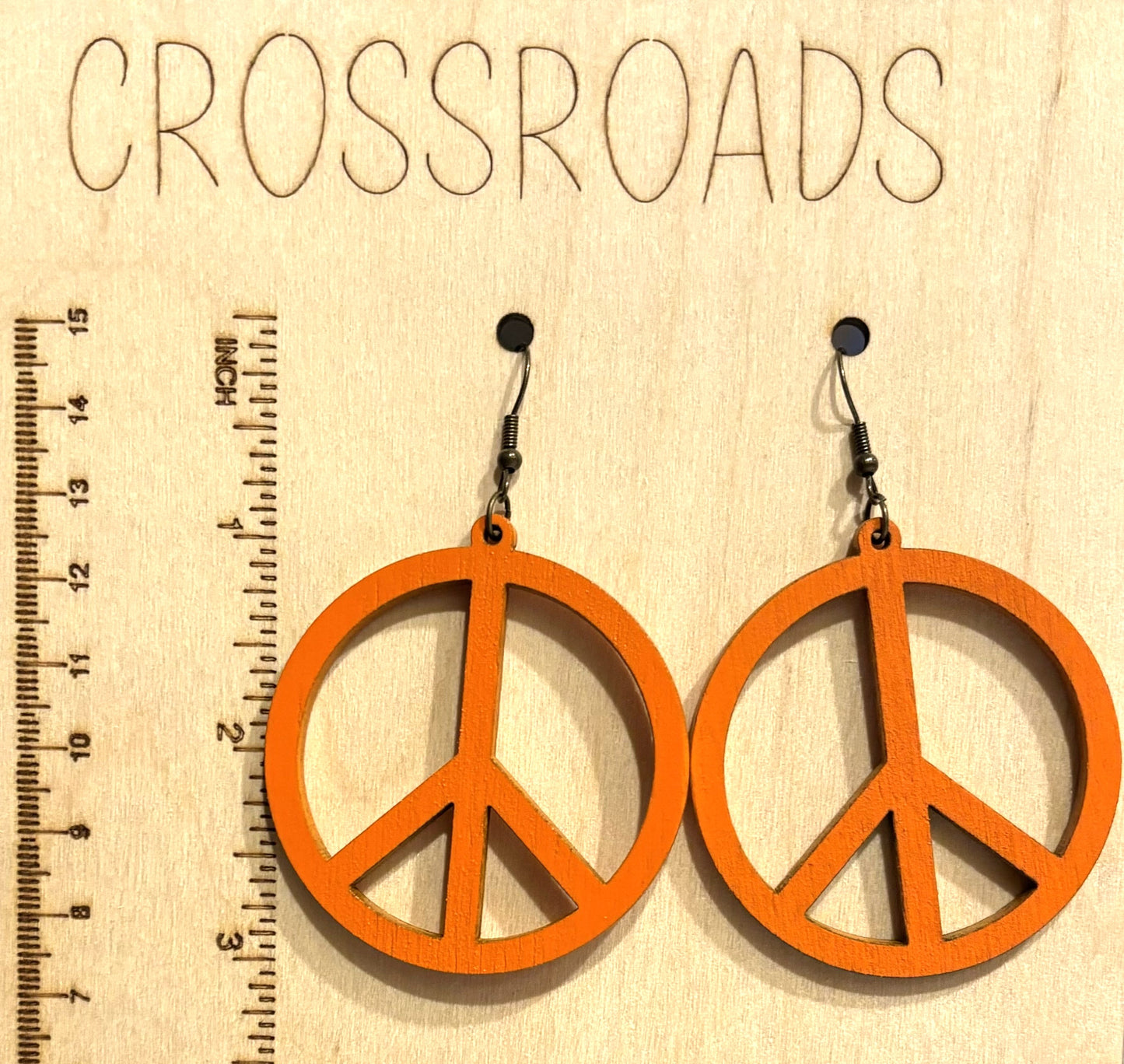 Peace Sign Wood Earrings, Orange