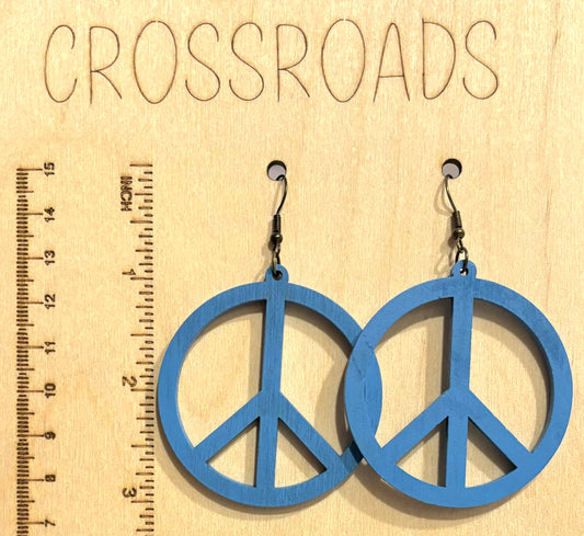 Peace Sign Wood Earrings, Oasis Blue