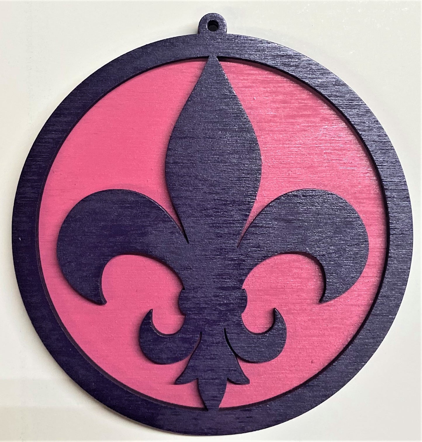 Fluer de Lis Wood Ornament - Purple over Pink