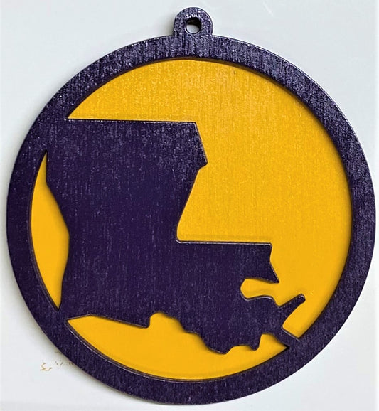 Louisiana Map Wood Ornament - Purple over Marigold