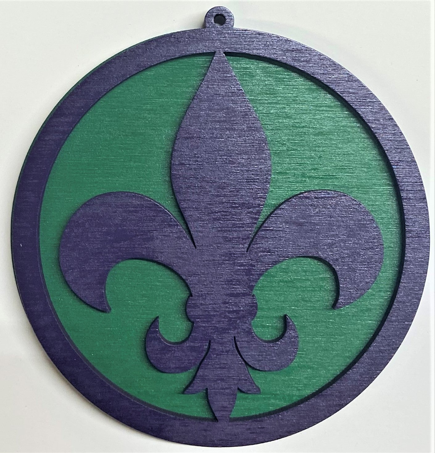 Fluer de Lis Wood Ornament - Purple over Green