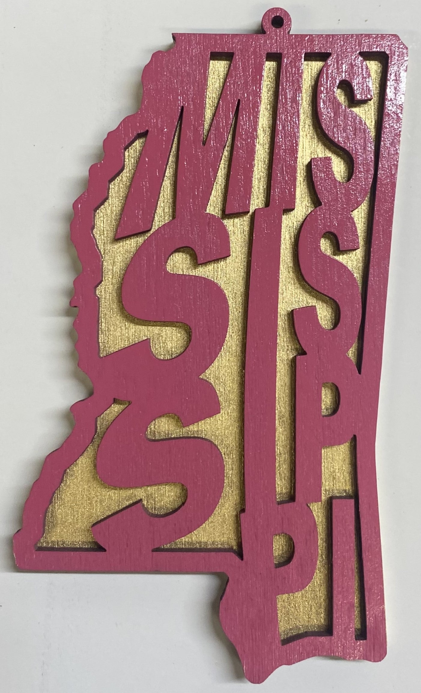 Mississippi Wood Ornament - Pink over Gold