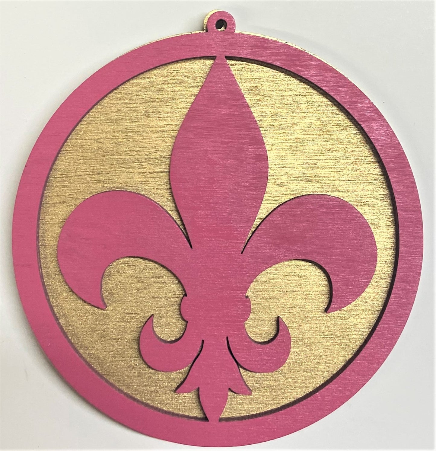 Fluer de Lis Wood Ornament - Pink over Gold