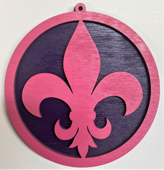 Fluer de Lis Wood Ornament - Pink over Purple