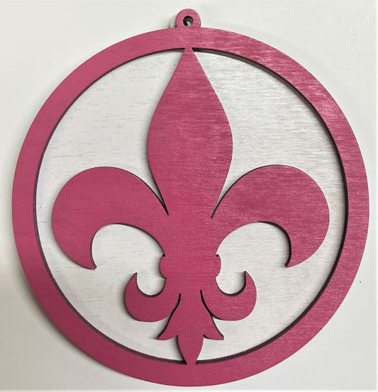 Fluer de Lis Wood Ornament - Pink over White