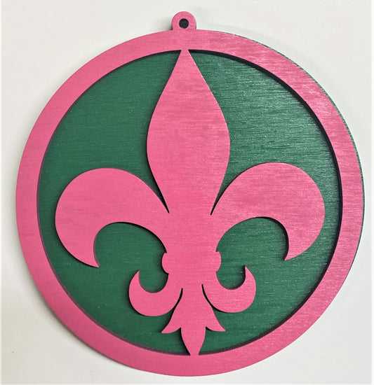 Fluer de Lis Wood Ornament - Pink over Green