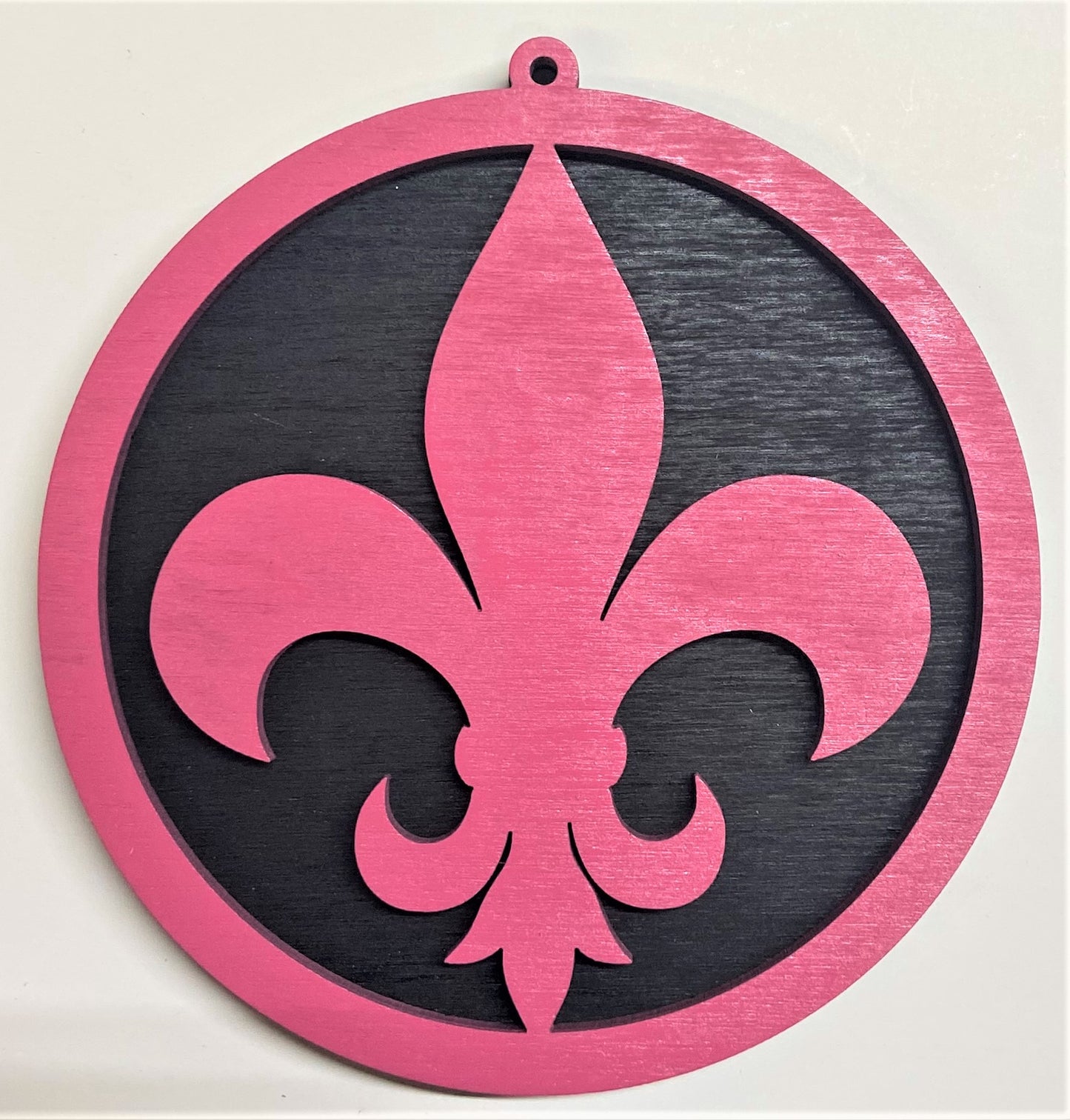 Fluer de Lis Wood Ornament - Pink over Black