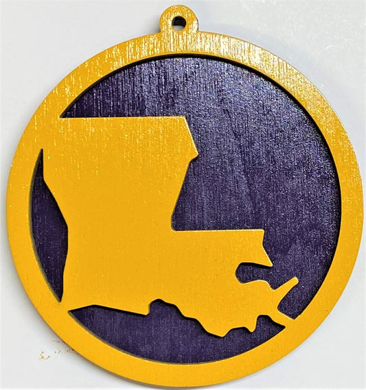 Louisiana Map Wood Ornament - Marigold over Purple