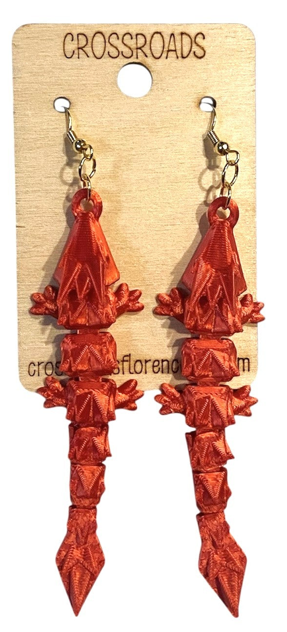 3D Printed Earrings - 3/4" x3-1/4" Dragon - Candy Red