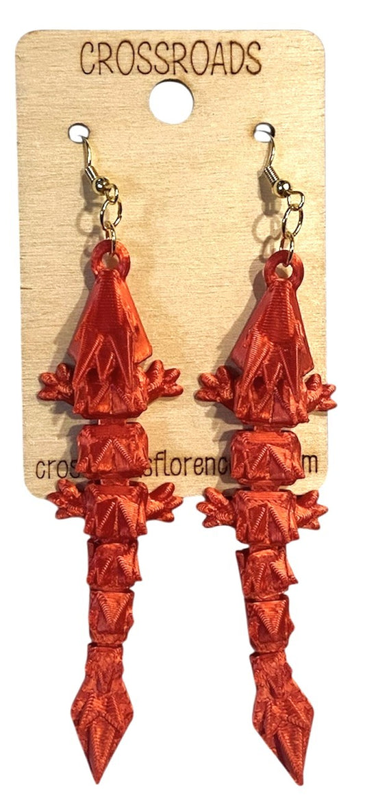 3D Printed Earrings - 3/4" x3-1/4" Dragon - Candy Red