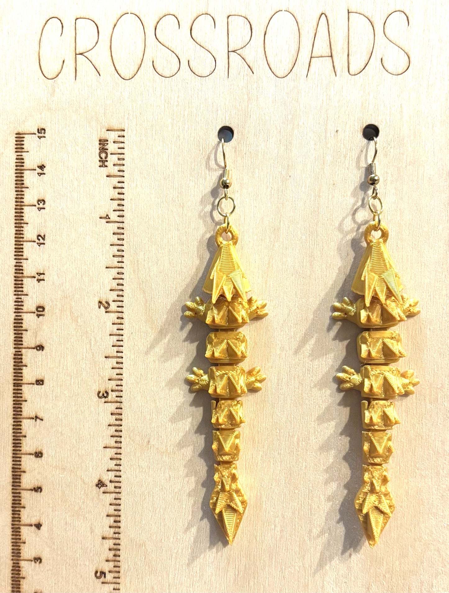 3D Printed Earrings - 3/4" x3-1/4" Dragon - GOLD