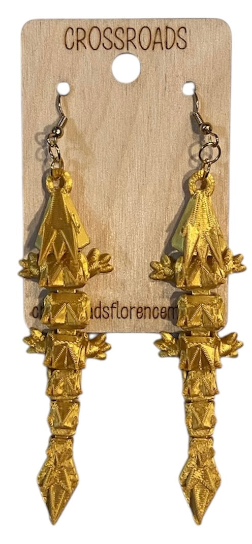 3D Printed Earrings - 3/4" x3-1/4" Dragon - GOLD