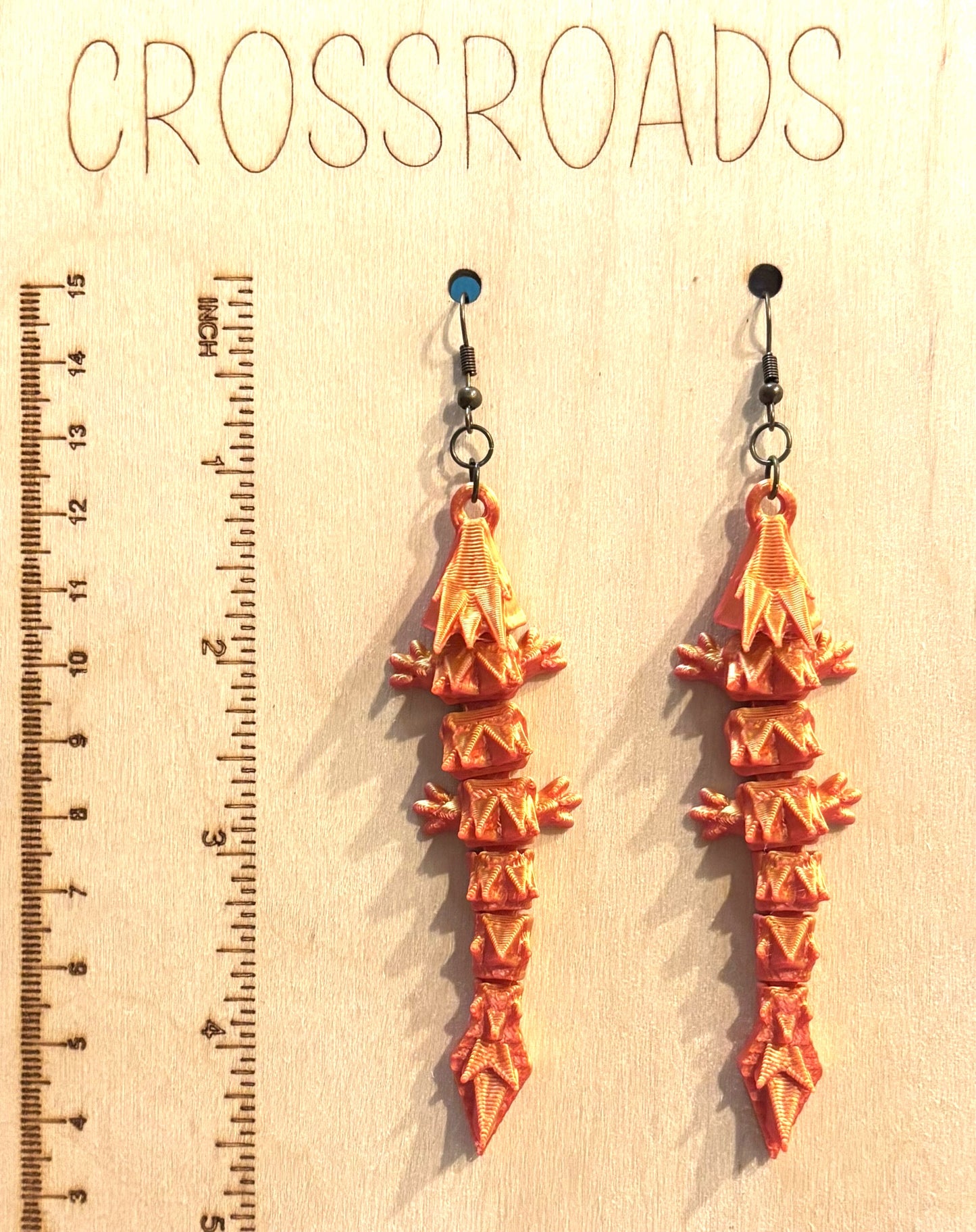 3D Printed Earrings - 3/4" x3-1/4" Dragon - RED/GOLD