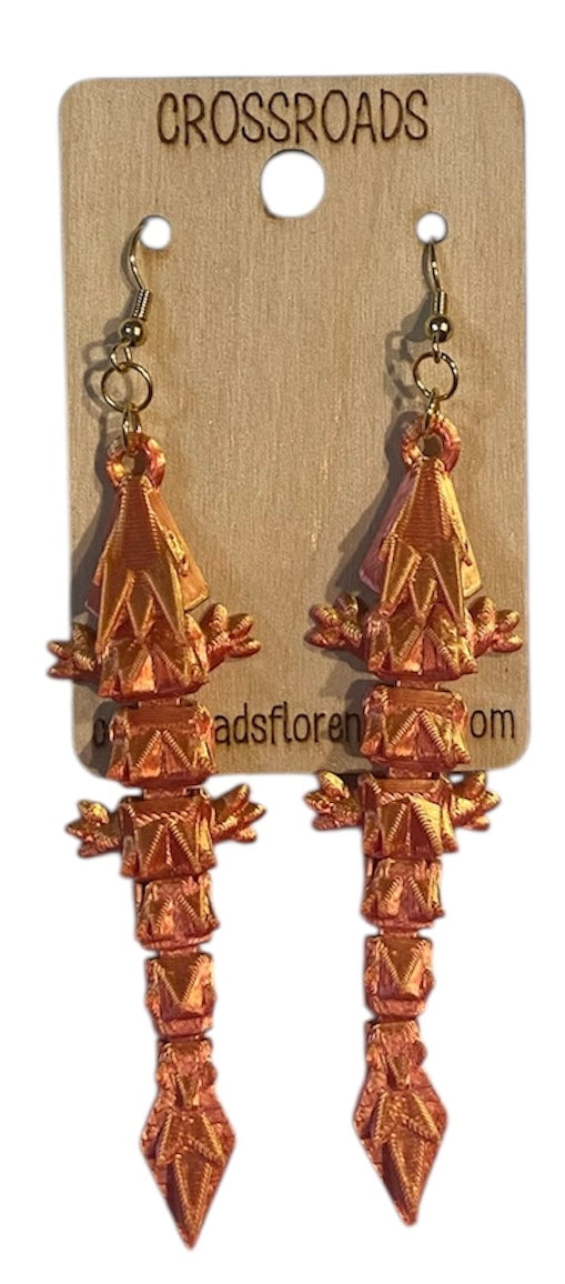 3D Printed Earrings - 3/4" x3-1/4" Dragon - RED/GOLD