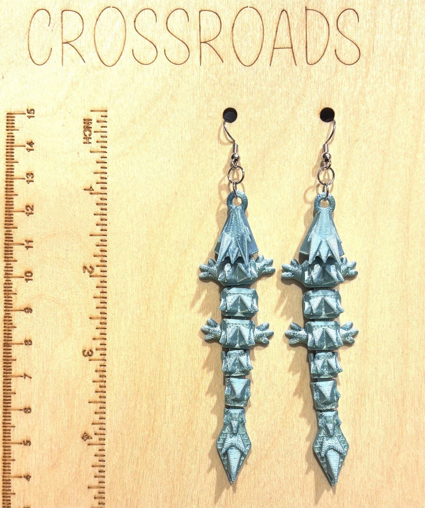3D Printed Earrings - 3/4" x3-1/4" Dragon - BLUE/GREEN
