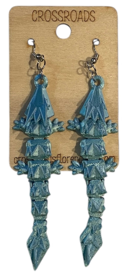 3D Printed Earrings - 3/4" x3-1/4" Dragon - BLUE/GREEN